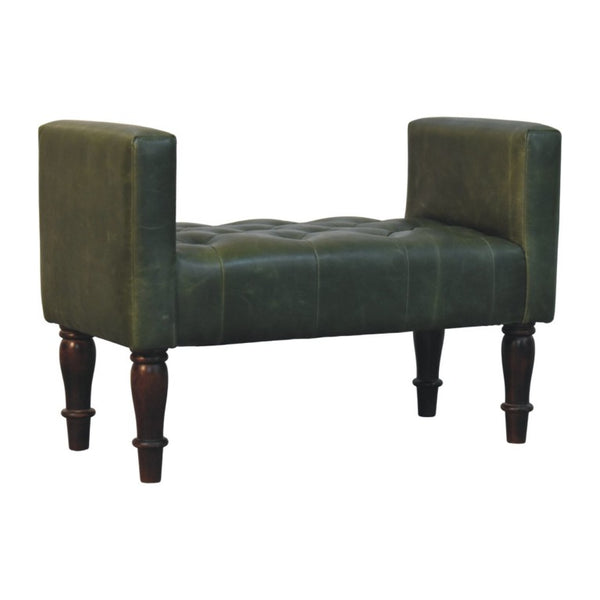 English Elm Artisan Button-Tufted Green Leather Bench with Walnut Legs for Bedroom Elegance B182P611657