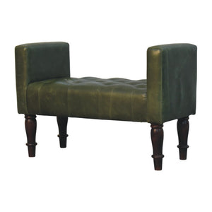 English Elm Artisan Button-Tufted Green Leather Bench with Walnut Legs for Bedroom Elegance B182P611657