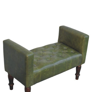 English Elm Artisan Button-Tufted Green Leather Bench with Walnut Legs for Bedroom Elegance B182P611657