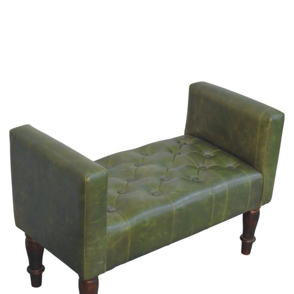 English Elm Artisan Button-Tufted Green Leather Bench with Walnut Legs for Bedroom Elegance B182P611657