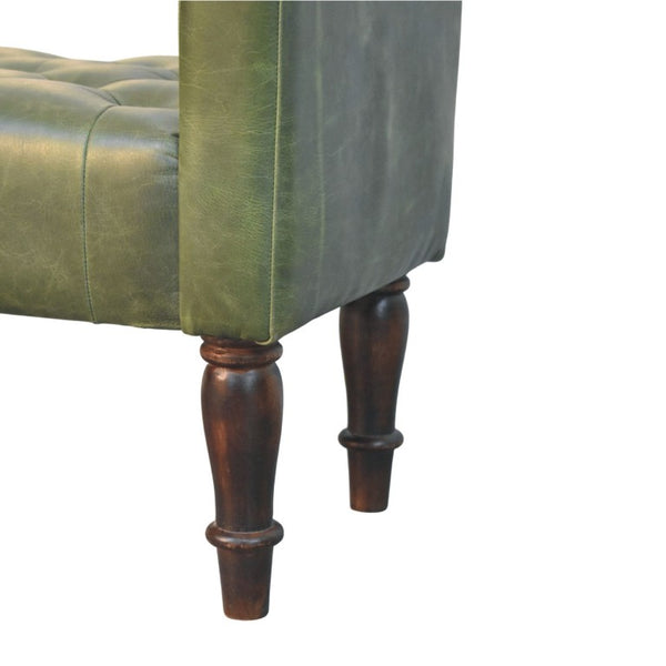 English Elm Artisan Button-Tufted Green Leather Bench with Walnut Legs for Bedroom Elegance B182P611657
