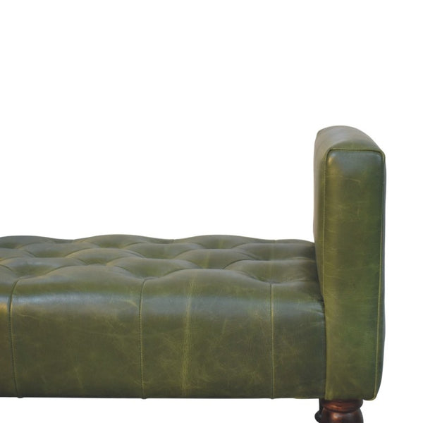 English Elm Artisan Button-Tufted Green Leather Bench with Walnut Legs for Bedroom Elegance B182P611657