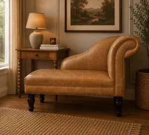 English Elm Artisan Furniture Heritage Leather Chaise with Stud Trim Rolled Back Solid Wood Legs Tan B182P611658