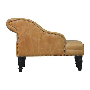 English Elm Artisan Furniture Heritage Leather Chaise with Stud Trim Rolled Back Solid Wood Legs Tan B182P611658