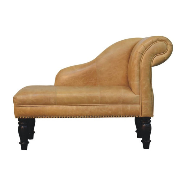 English Elm Artisan Furniture Heritage Leather Chaise with Stud Trim Rolled Back Solid Wood Legs Tan B182P611658