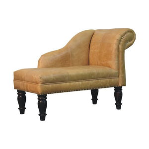 English Elm Artisan Furniture Heritage Leather Chaise with Stud Trim Rolled Back Solid Wood Legs Tan B182P611658