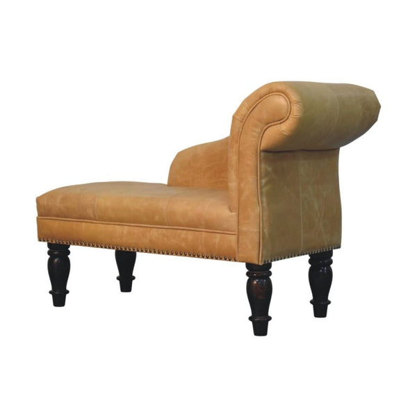 English Elm Artisan Furniture Heritage Leather Chaise with Stud Trim Rolled Back Solid Wood Legs Tan B182P611658
