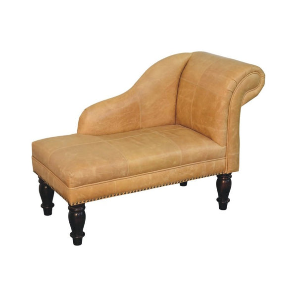 English Elm Artisan Furniture Heritage Leather Chaise with Stud Trim Rolled Back Solid Wood Legs Tan B182P611658