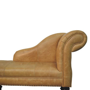 English Elm Artisan Furniture Heritage Leather Chaise with Stud Trim Rolled Back Solid Wood Legs Tan B182P611658