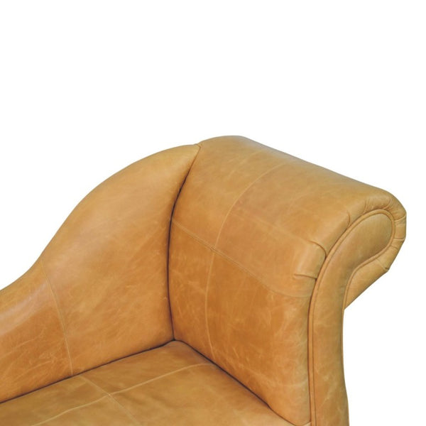 English Elm Artisan Furniture Heritage Leather Chaise with Stud Trim Rolled Back Solid Wood Legs Tan B182P611658