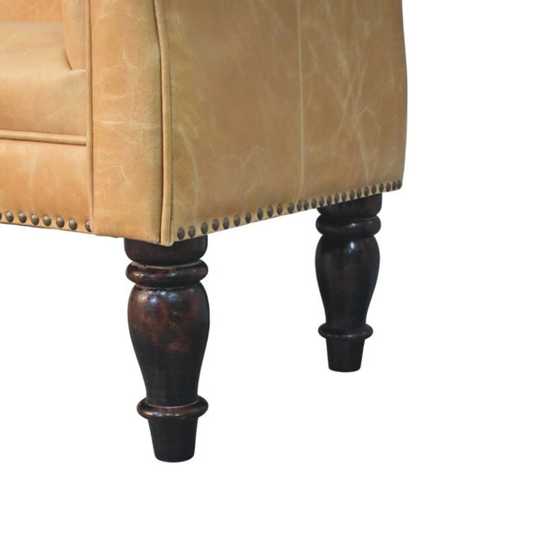 English Elm Artisan Furniture Heritage Leather Chaise with Stud Trim Rolled Back Solid Wood Legs Tan B182P611658