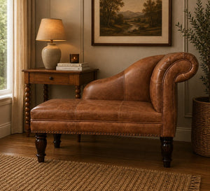 English Elm Artisan Furniture Heritage Leather Chaise with Stud Trim Rolled Back Solid Wood Legs Brown B182P611659
