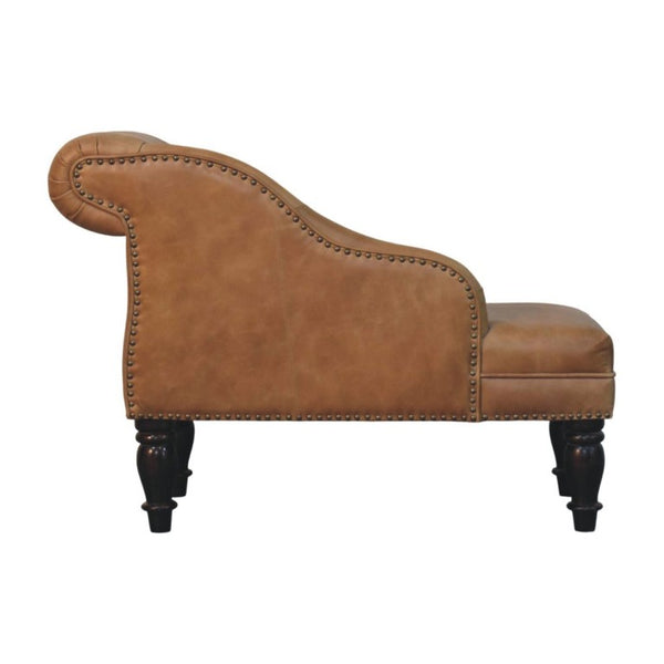 English Elm Artisan Furniture Heritage Leather Chaise with Stud Trim Rolled Back Solid Wood Legs Brown B182P611659