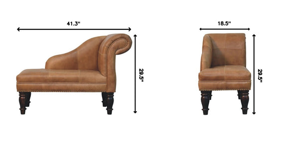 English Elm Artisan Furniture Heritage Leather Chaise with Stud Trim Rolled Back Solid Wood Legs Brown B182P611659