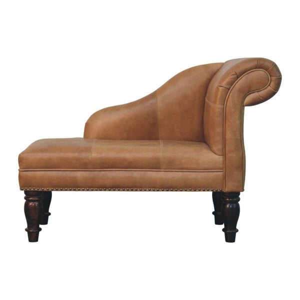English Elm Artisan Furniture Heritage Leather Chaise with Stud Trim Rolled Back Solid Wood Legs Brown B182P611659