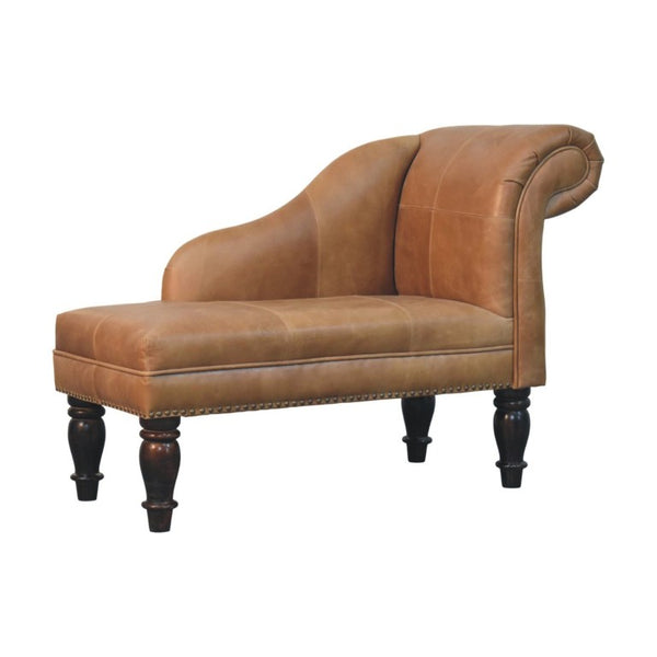 English Elm Artisan Furniture Heritage Leather Chaise with Stud Trim Rolled Back Solid Wood Legs Brown B182P611659