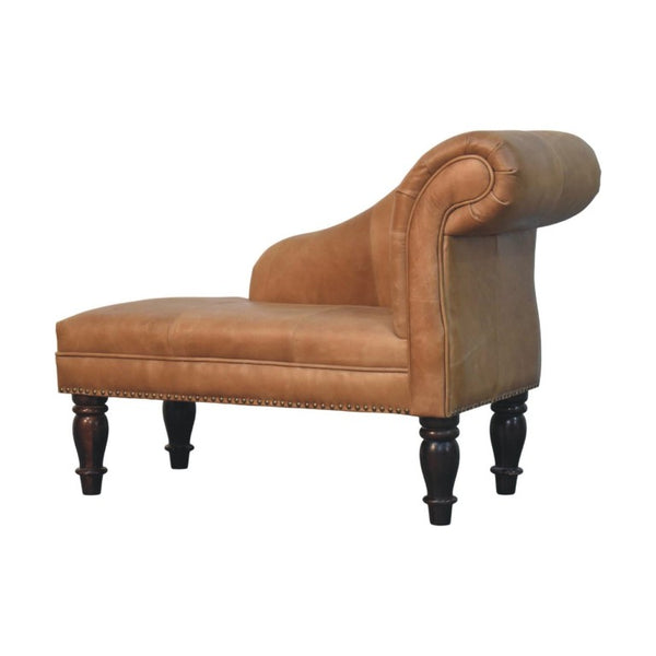 English Elm Artisan Furniture Heritage Leather Chaise with Stud Trim Rolled Back Solid Wood Legs Brown B182P611659