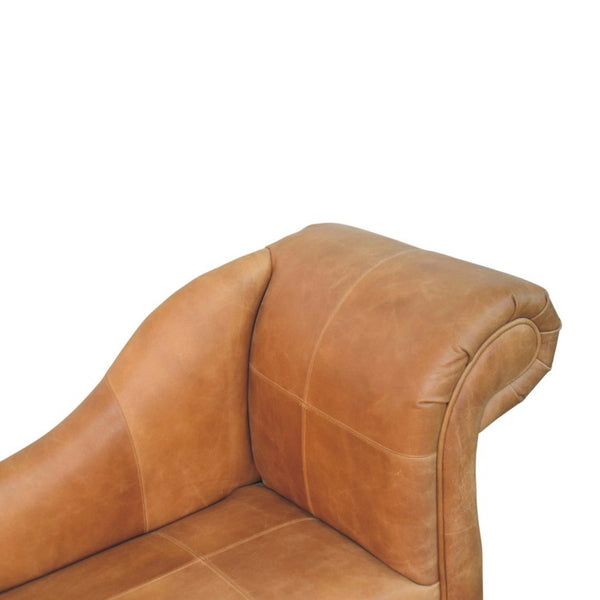 English Elm Artisan Furniture Heritage Leather Chaise with Stud Trim Rolled Back Solid Wood Legs Brown B182P611659