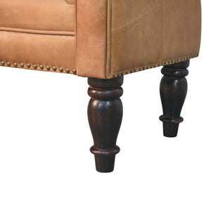 English Elm Artisan Furniture Heritage Leather Chaise with Stud Trim Rolled Back Solid Wood Legs Brown B182P611659