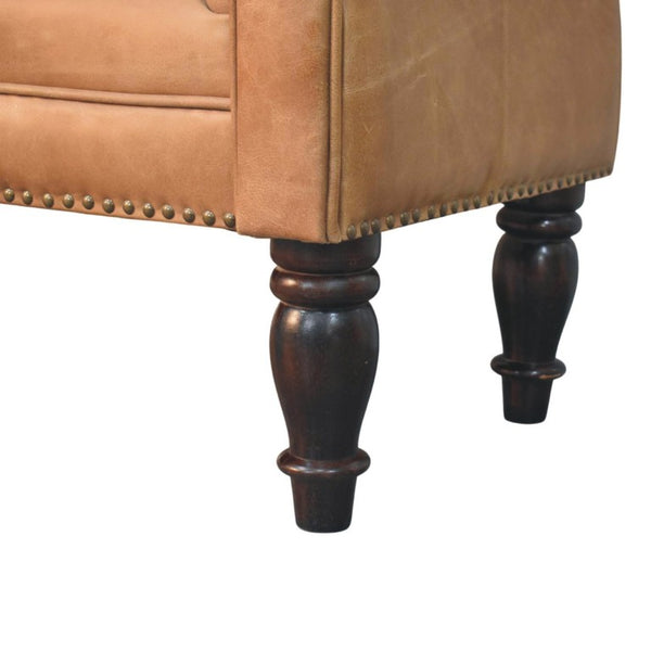 English Elm Artisan Furniture Heritage Leather Chaise with Stud Trim Rolled Back Solid Wood Legs Brown B182P611659