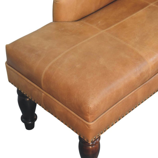 English Elm Artisan Furniture Heritage Leather Chaise with Stud Trim Rolled Back Solid Wood Legs Brown B182P611659