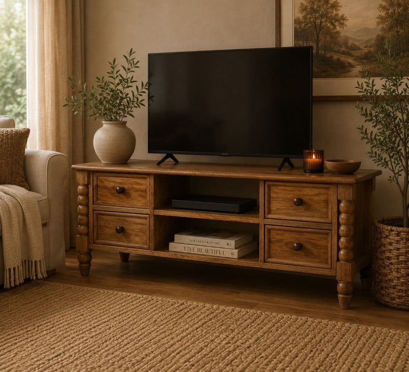 English Elm Artisan Furniture Mango Wood Media Console with Spindle Accents 4 Drawers Open Shelves B182P611663