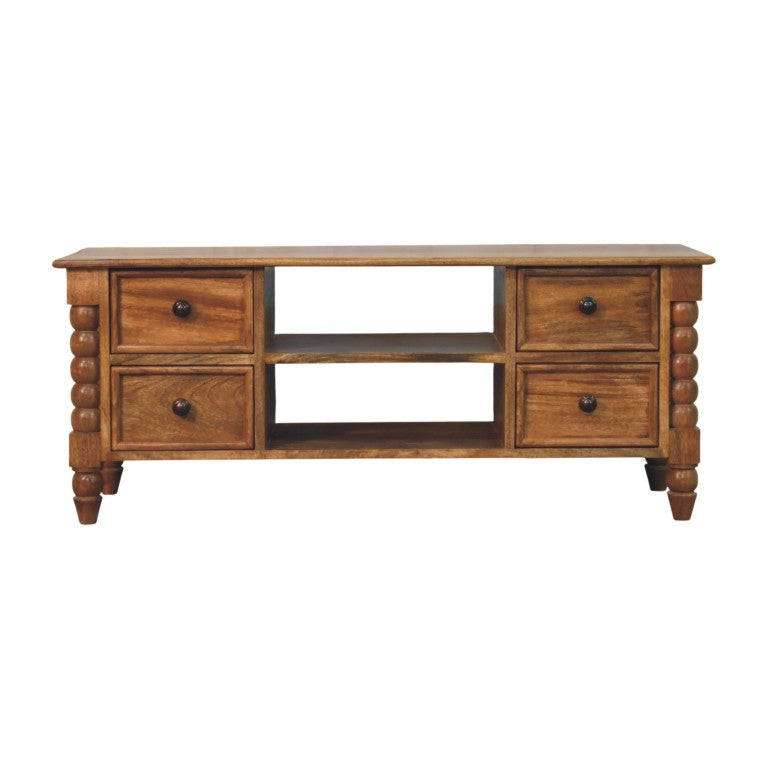 English Elm Artisan Furniture Mango Wood Media Console with Spindle Accents 4 Drawers Open Shelves B182P611663