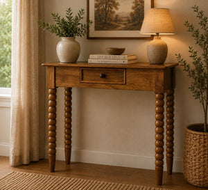English Elm Artisan Solid Mango Wood Spindle Console Table with Drawer for Entryway or Hallway B182P611664