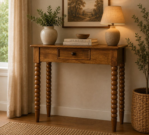 English Elm Artisan Solid Mango Wood Spindle Console Table with Drawer for Entryway or Hallway B182P611664