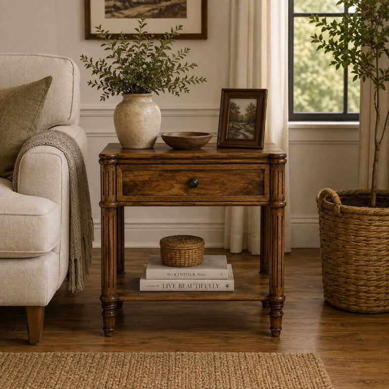 English Elm Artisan Furniture Mango Wood Side Table with Carved Legs Drawer and Open Shelf B182P611665