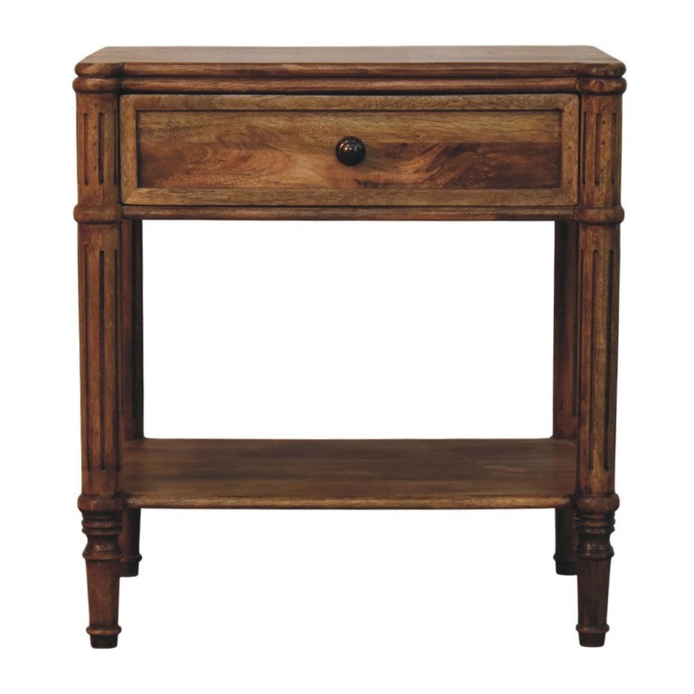 English Elm Artisan Furniture Mango Wood Side Table with Carved Legs Drawer and Open Shelf B182P611665