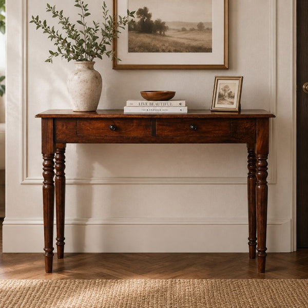 English Elm Artisan Furniture Mango Wood Entryway Console Table with Turned Legs and Two Drawers B182P611666