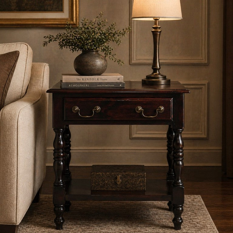 English Elm Artisan Furniture Mango Wood Side Table with Drawer and Shelf in Warm Oak Finish B182P611667