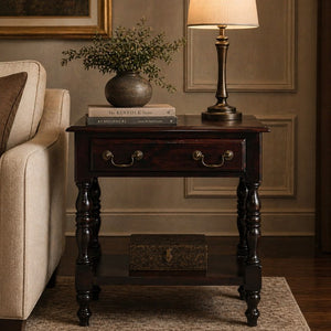 English Elm Artisan Furniture Mango Wood Side Table with Drawer and Shelf in Warm Oak Finish B182P611667