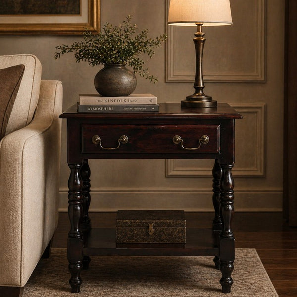 English Elm Artisan Furniture Mango Wood Side Table with Drawer and Shelf in Warm Oak Finish B182P611667