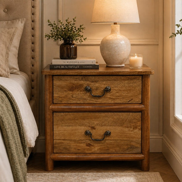 English Elm Artisan Furniture Mango Wood Two Drawer Nightstand with Amber Oak Finish Classic Bedroom B182P611668