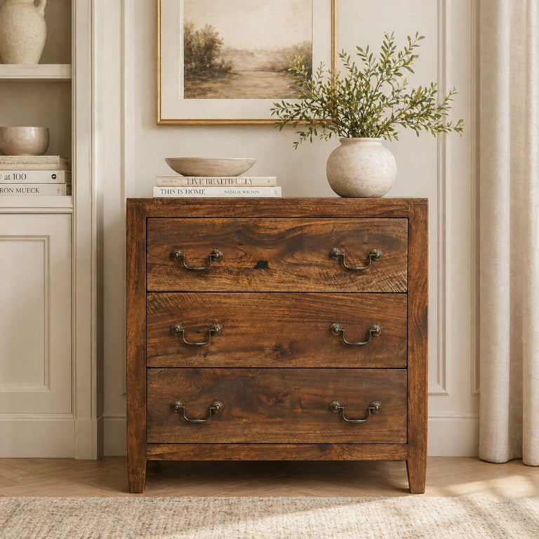 English Elm Artisan Furniture Mango Wood Three Drawer Chest Roasted Almond Finish Tapered Legs B182P611669