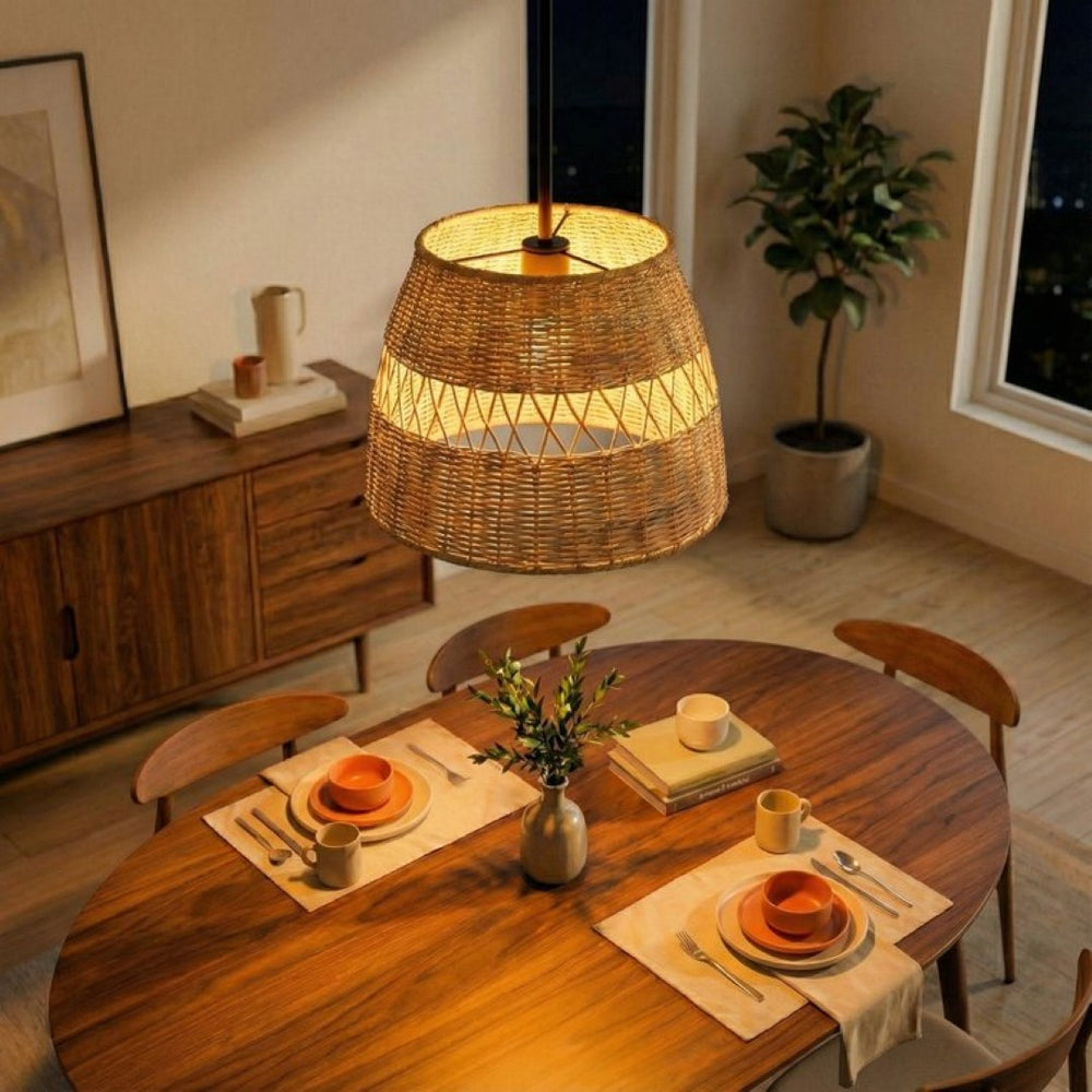 English Elm Essence Woven Rattan Shade Pendant Light Matte Black Metal Farmhouse Kitchen Fixture B183P230908