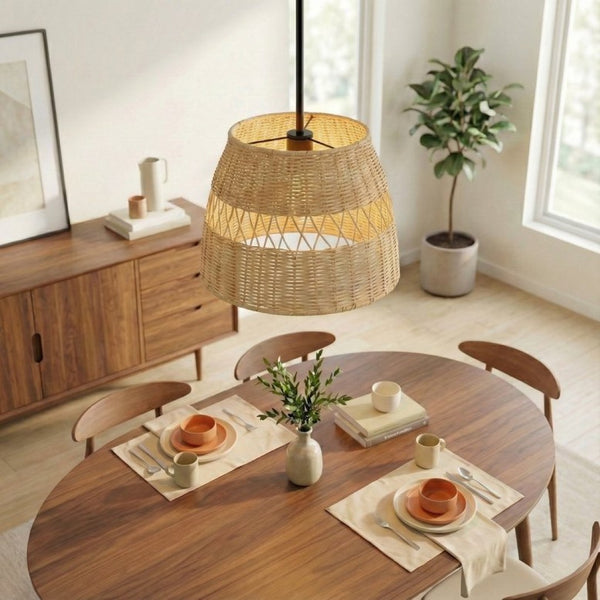 English Elm Essence Woven Rattan Shade Pendant Light Matte Black Metal Farmhouse Kitchen Fixture B183P230908