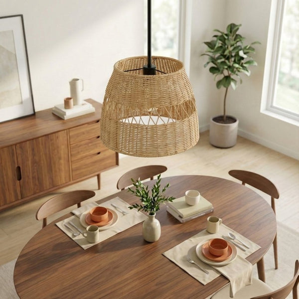 English Elm Essence Woven Rattan Shade Pendant Light Matte Black Metal Farmhouse Kitchen Fixture B183P230908