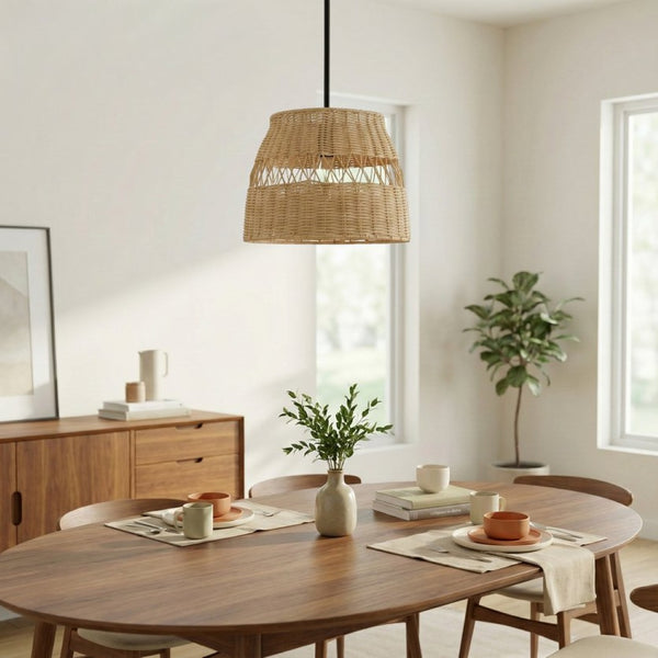 English Elm Essence Woven Rattan Shade Pendant Light Matte Black Metal Farmhouse Kitchen Fixture B183P230908