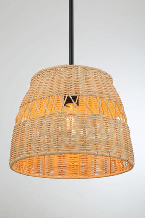 English Elm Essence Woven Rattan Shade Pendant Light Matte Black Metal Farmhouse Kitchen Fixture B183P230908