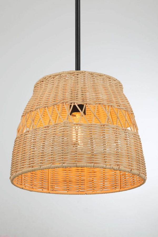 English Elm Essence Woven Rattan Shade Pendant Light Matte Black Metal Farmhouse Kitchen Fixture B183P230908