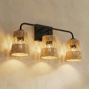 English Elm Moonlit Three Light Rattan Wall Sconce Black Metal Frame Farmhouse Vanity Fixture B183P230910