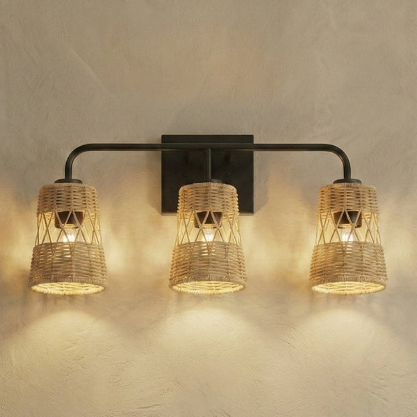 English Elm Moonlit Three Light Rattan Wall Sconce Black Metal Frame Farmhouse Vanity Fixture B183P230910