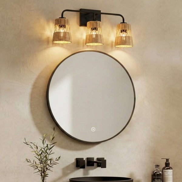 English Elm Moonlit Three Light Rattan Wall Sconce Black Metal Frame Farmhouse Vanity Fixture B183P230910
