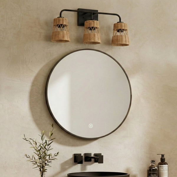 English Elm Moonlit Three Light Rattan Wall Sconce Black Metal Frame Farmhouse Vanity Fixture B183P230910