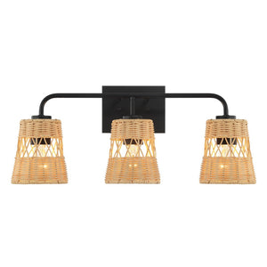 English Elm Moonlit Three Light Rattan Wall Sconce Black Metal Frame Farmhouse Vanity Fixture B183P230910