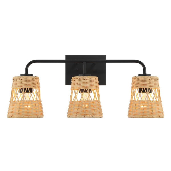 English Elm Moonlit Three Light Rattan Wall Sconce Black Metal Frame Farmhouse Vanity Fixture B183P230910