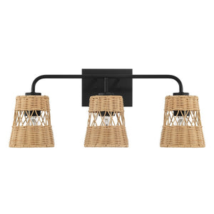 English Elm Moonlit Three Light Rattan Wall Sconce Black Metal Frame Farmhouse Vanity Fixture B183P230910